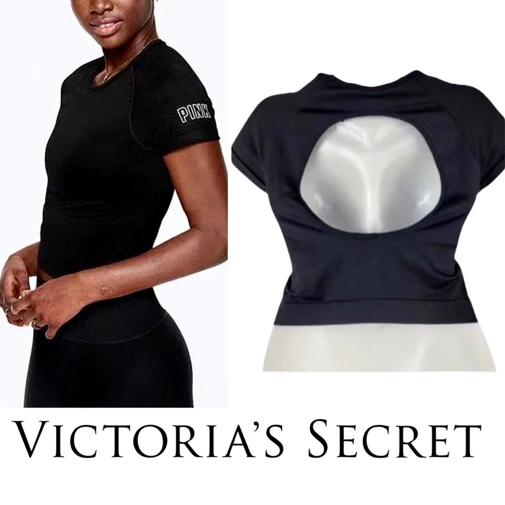 Victoria's Secret PINK Active Black Short Sleeve Seamless Open Back Crop Top